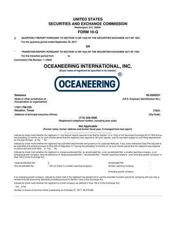 Miniature Oceaneering International
 10-Q Rapport trimestriel  