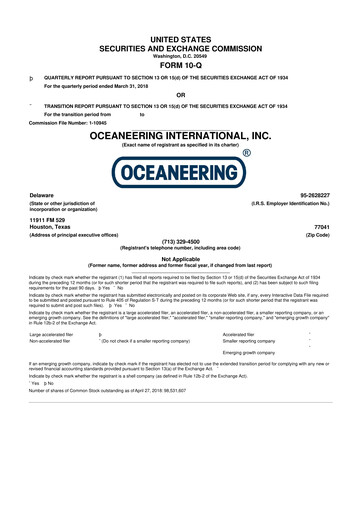 Miniature Oceaneering International
 10-Q Rapport trimestriel  