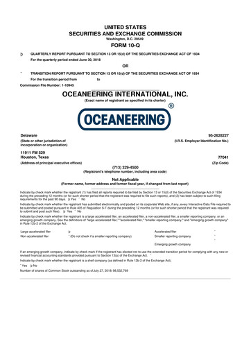 Miniature Oceaneering International
 10-Q Rapport trimestriel  