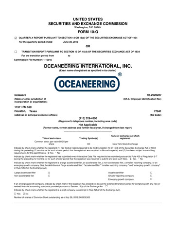 Miniature Oceaneering International
 10-Q Rapport trimestriel  
