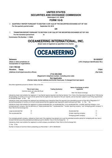 Miniature Oceaneering International
 10-Q Rapport trimestriel  
