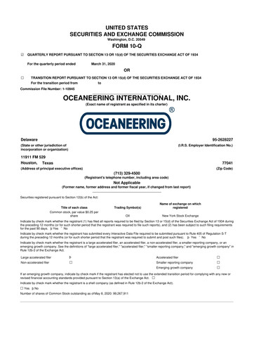 Miniature Oceaneering International
 10-Q Rapport trimestriel  