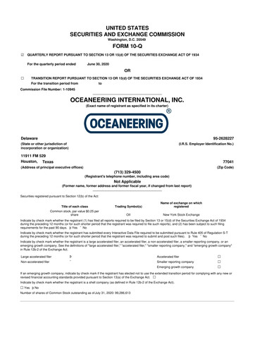 Miniature Oceaneering International
 10-Q Rapport trimestriel  