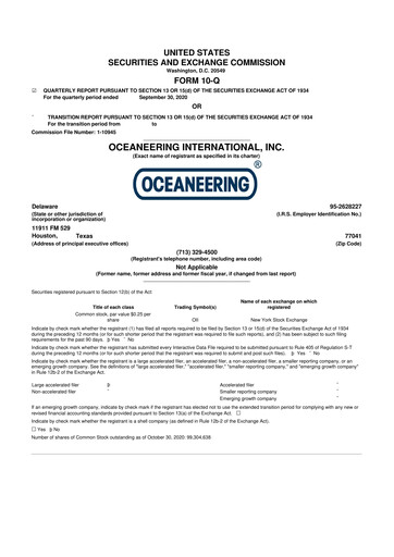 Miniature Oceaneering International
 10-Q Rapport trimestriel  