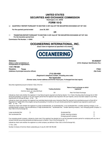 Miniature Oceaneering International
 10-Q Rapport trimestriel  