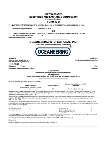 Miniature Oceaneering International
 10-Q Rapport trimestriel  