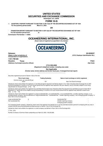 Miniature Oceaneering International
 10-Q Rapport trimestriel  