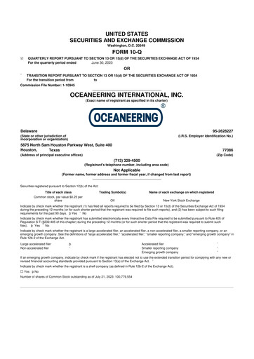 Miniature Oceaneering International
 10-Q Rapport trimestriel  