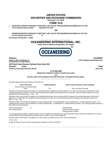 Miniature Oceaneering International
 10-Q Rapport trimestriel  