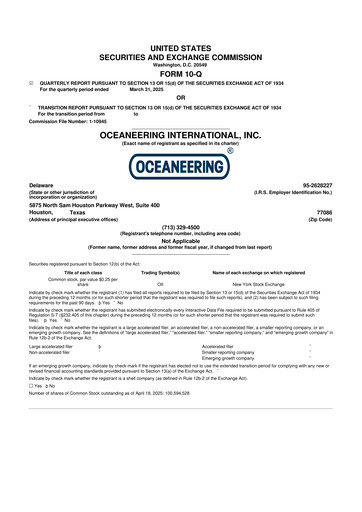 Miniature Oceaneering International
 10-Q Rapport trimestriel  