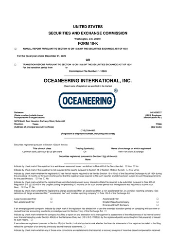 Miniature Oceaneering International
 10-K Rapport annuel 