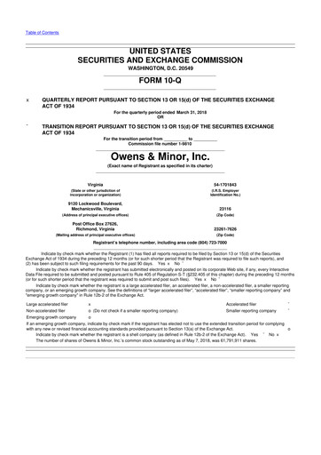 Thumbnail Owens & Minor

 10-Q Quarterly Report FY2018 