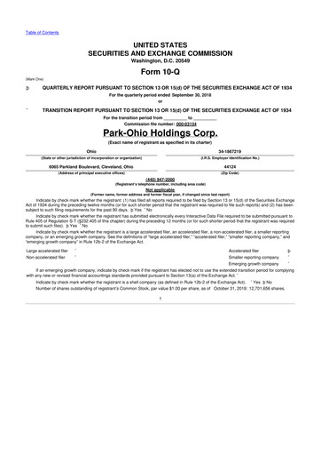Thumbnail ParkOhio Holdings Corp. 10-Q Quarterly Report FY2018 