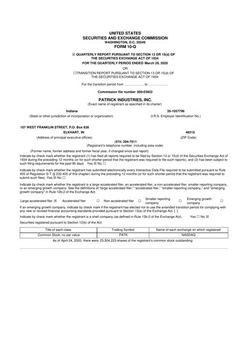 Thumbnail Patrick Industries 10-Q Quarterly Report FY2020 