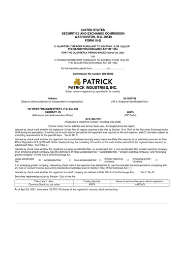Thumbnail Patrick Industries 10-Q Quarterly Report FY2021 