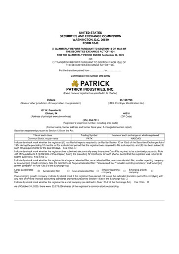 Thumbnail Patrick Industries 10-Q Quarterly Report FY2025 