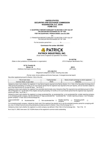 Vorschaubild Patrick Industries 10-Q Quartalsbericht 2026 