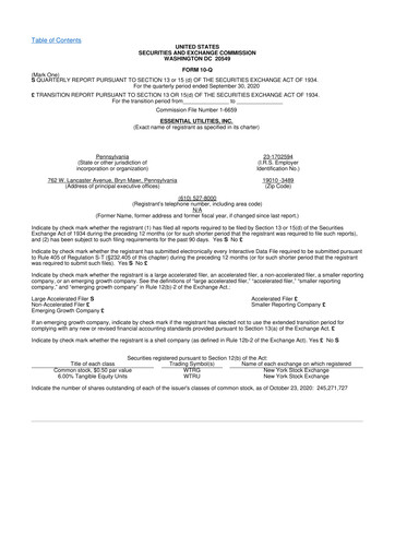 Thumbnail Essential Utilities
 10-Q Quarterly Report FY2020 