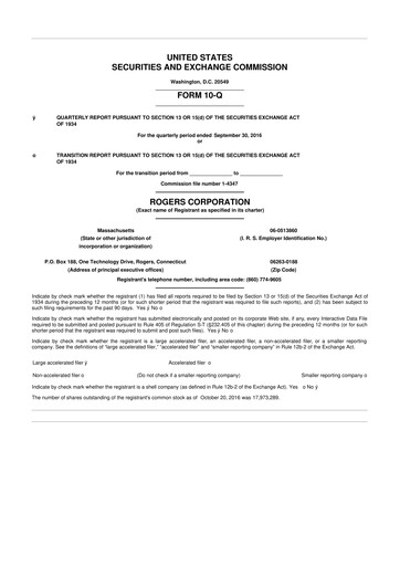 Miniature Rogers Corporation
 10-Q Rapport trimestriel 2016 