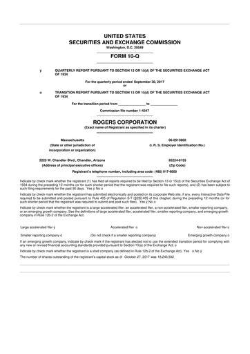 Miniature Rogers Corporation
 10-Q Rapport trimestriel 2017 