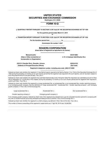 Miniature Rogers Corporation
 10-Q Rapport trimestriel 2019 