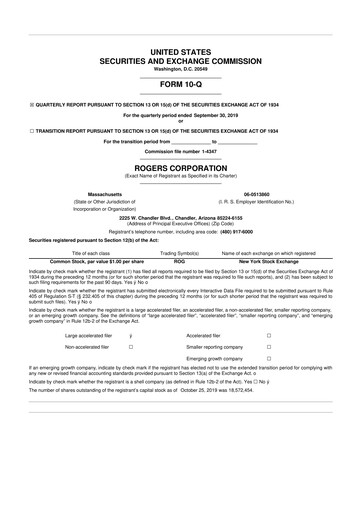 Miniature Rogers Corporation
 10-Q Rapport trimestriel 2019 
