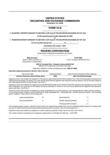 Miniature Rogers Corporation
 10-Q Rapport trimestriel 2020 