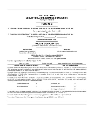 Miniature Rogers Corporation
 10-Q Rapport trimestriel 2021 