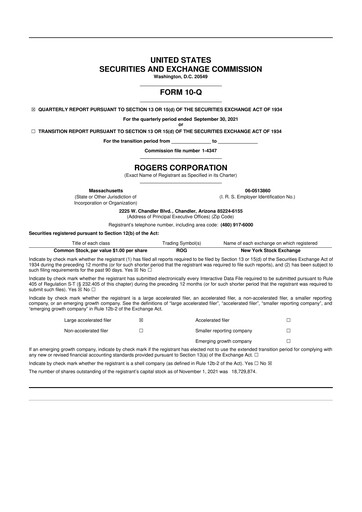 Miniature Rogers Corporation
 10-Q Rapport trimestriel 2021 