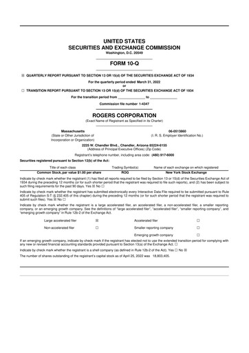 Miniature Rogers Corporation
 10-Q Rapport trimestriel 2022 