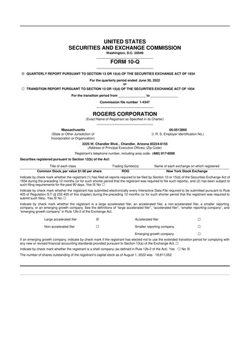 Miniature Rogers Corporation
 10-Q Rapport trimestriel 2022 