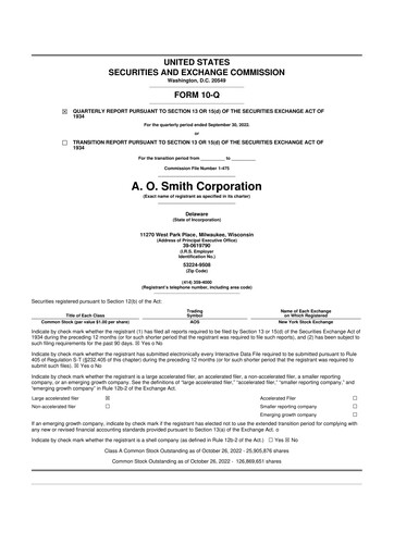 Thumbnail A. O. Smith 10-Q Quarterly Report FY2022 
