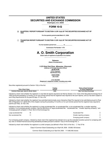 Thumbnail A. O. Smith 10-Q Quarterly Report FY 