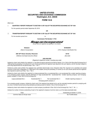 Thumbnail Snap-on 10-Q Quarterly Report FY2018 