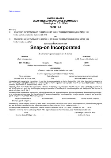 Thumbnail Snap-on 10-Q Quarterly Report FY2019 