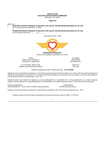 Thumbnail Southwest Airlines 10-Q Quarterly Report FY 