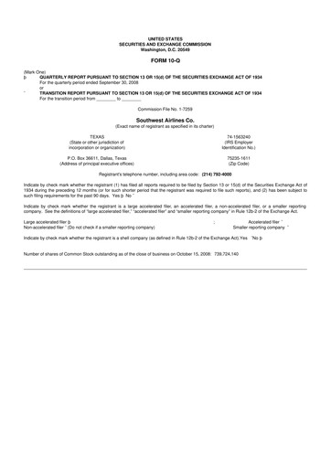 Thumbnail Southwest Airlines 10-Q Quarterly Report FY 