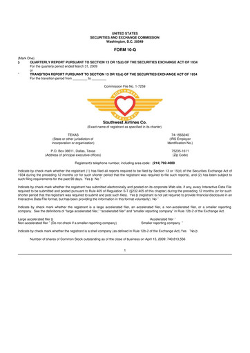 Thumbnail Southwest Airlines 10-Q Quarterly Report FY 
