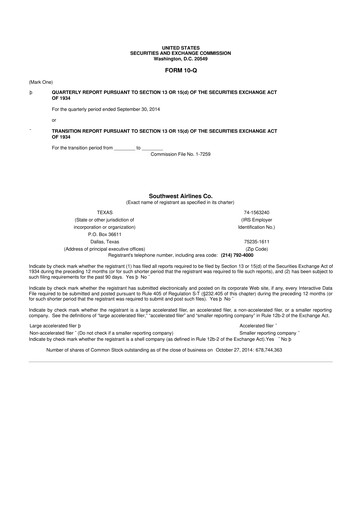 Thumbnail Southwest Airlines 10-Q Quarterly Report FY2014 