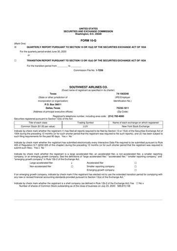 Thumbnail Southwest Airlines 10-Q Quarterly Report FY2020 