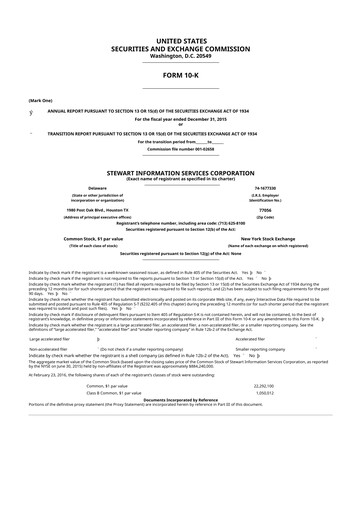 Miniature Stewart Information Services 10-K Rapport annuel 2015