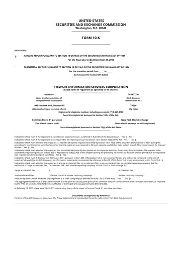 Miniature Stewart Information Services 10-K Rapport annuel 2016