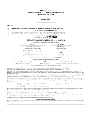 Miniature Stewart Information Services 10-K Rapport annuel 2019