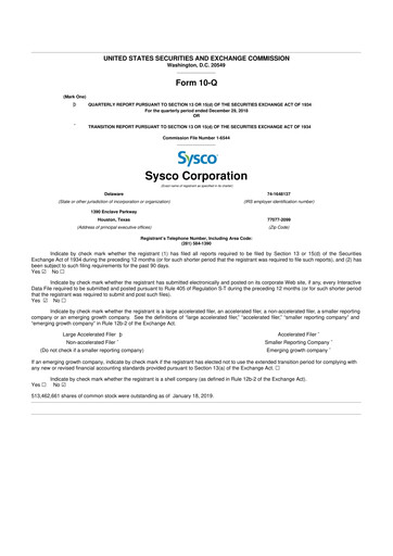 Thumbnail Sysco 10-Q Quarterly Report FY2019 