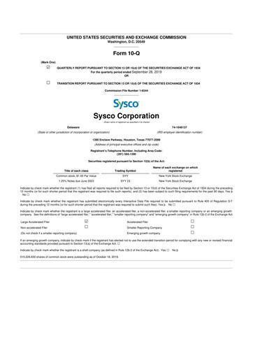 Thumbnail Sysco 10-Q Quarterly Report FY2020 
