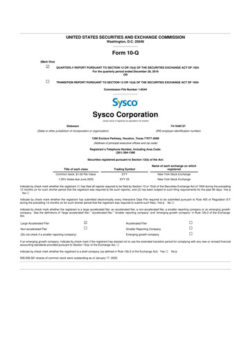 Thumbnail Sysco 10-Q Quarterly Report FY2020 