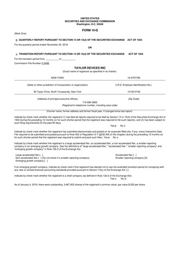 Vorschaubild Taylor Devices 10-Q Quartalsbericht 2019 