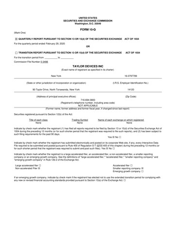 Vorschaubild Taylor Devices 10-Q Quartalsbericht 2020 