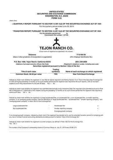 Thumbnail Tejon Ranch
 10-Q Quarterly Report FY2019 