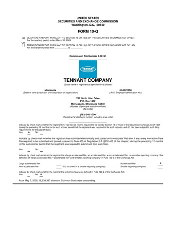 Thumbnail Tennant Company
 10-Q Quarterly Report FY 